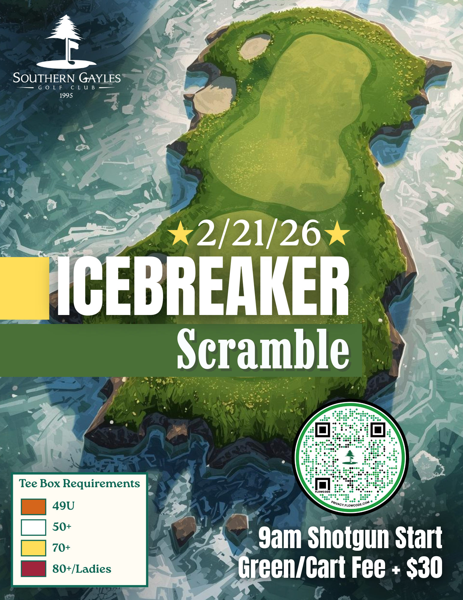 Golf tournament flyer with a green island over ice. 
