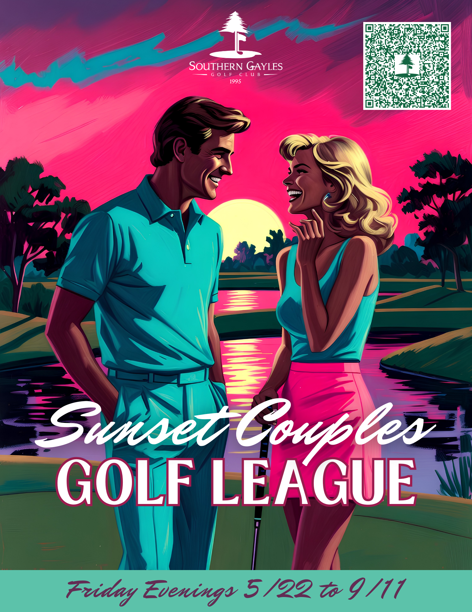 Sunset-themed golf league poster with a couple facing each other on a golf course, “Sunset Couples Golf League” text.