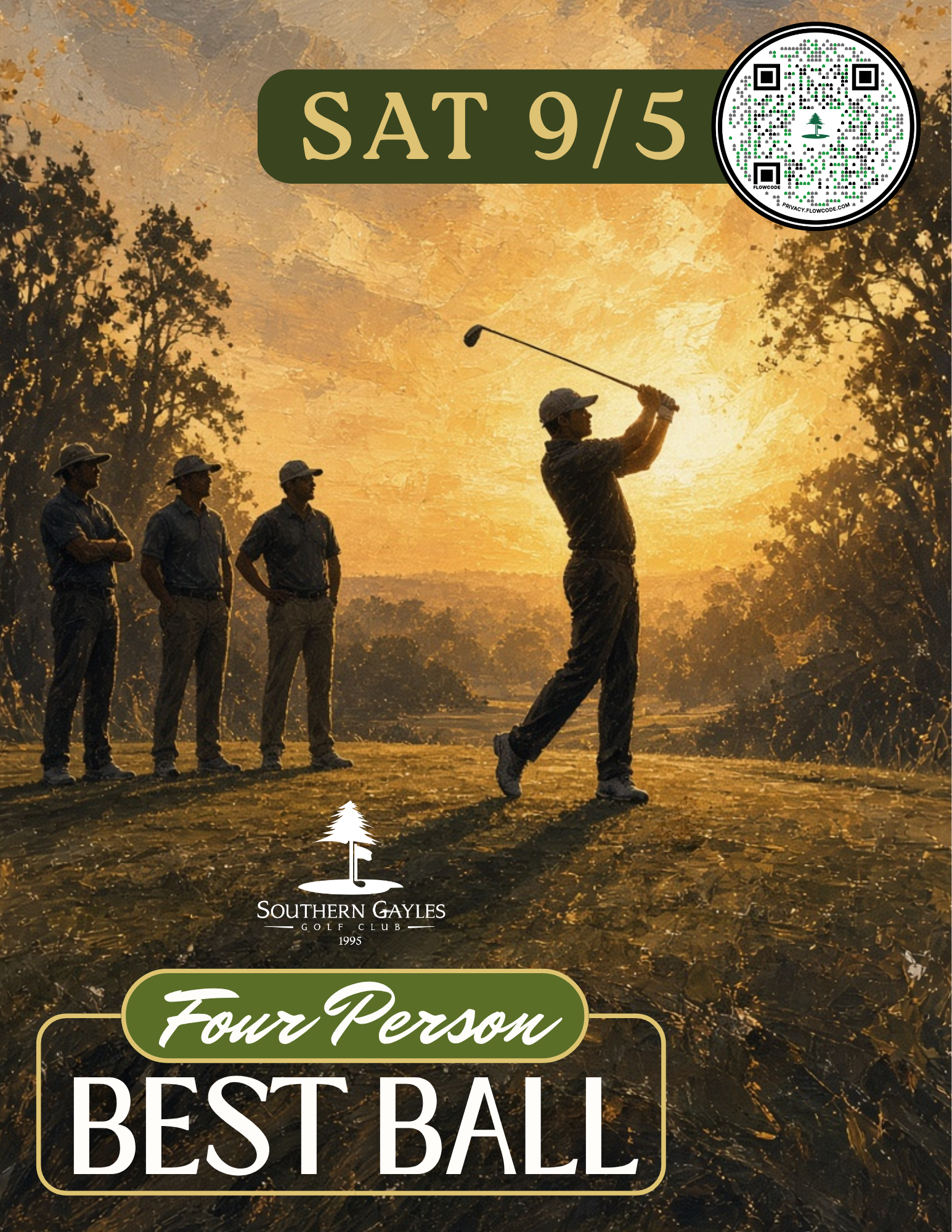 Golf tournament poster showing a golfer swinging at sunset, with “SAT 9/5” and “Four Person Best Ball.”