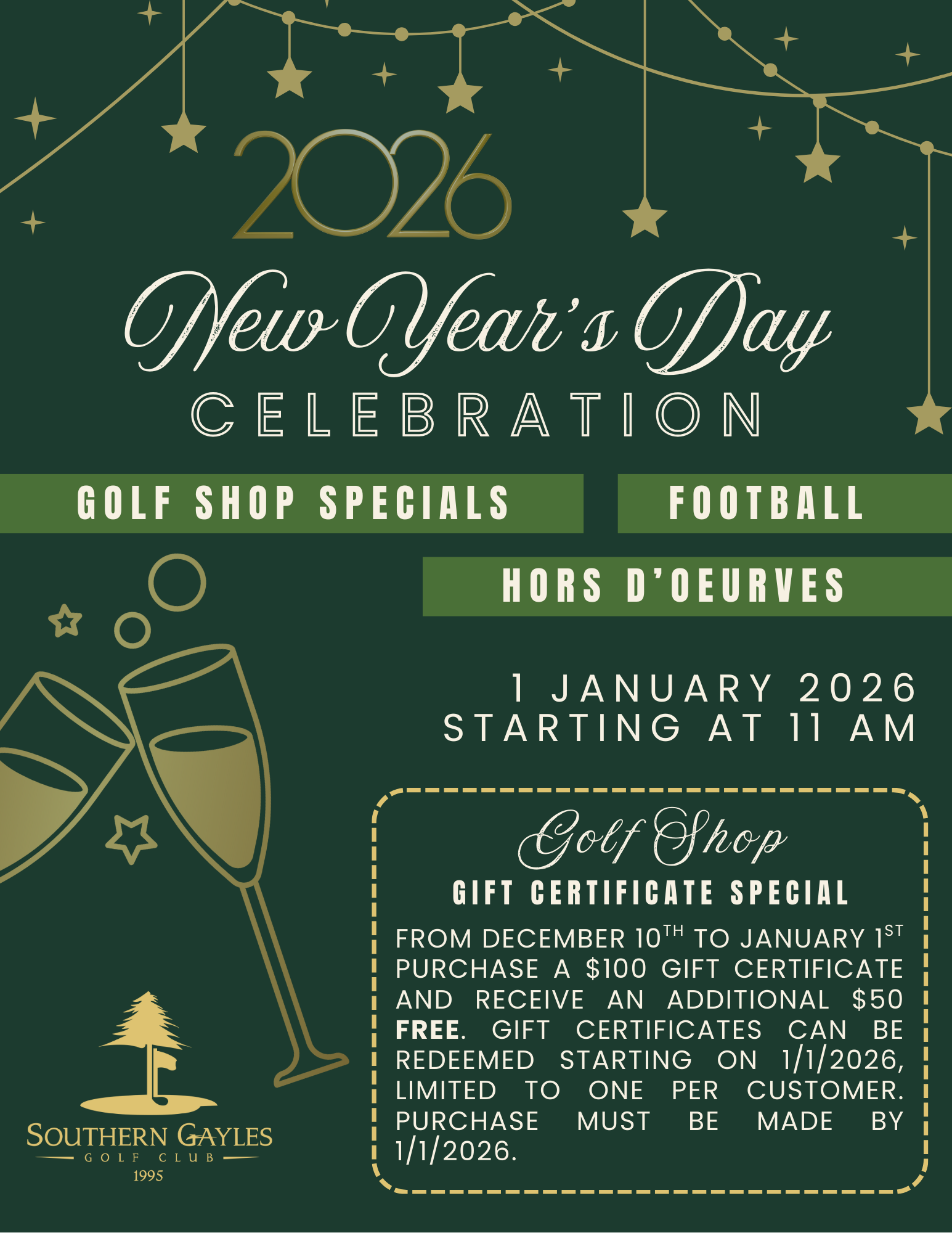 New Year's Day Celebration flyer with golf shop specials. 