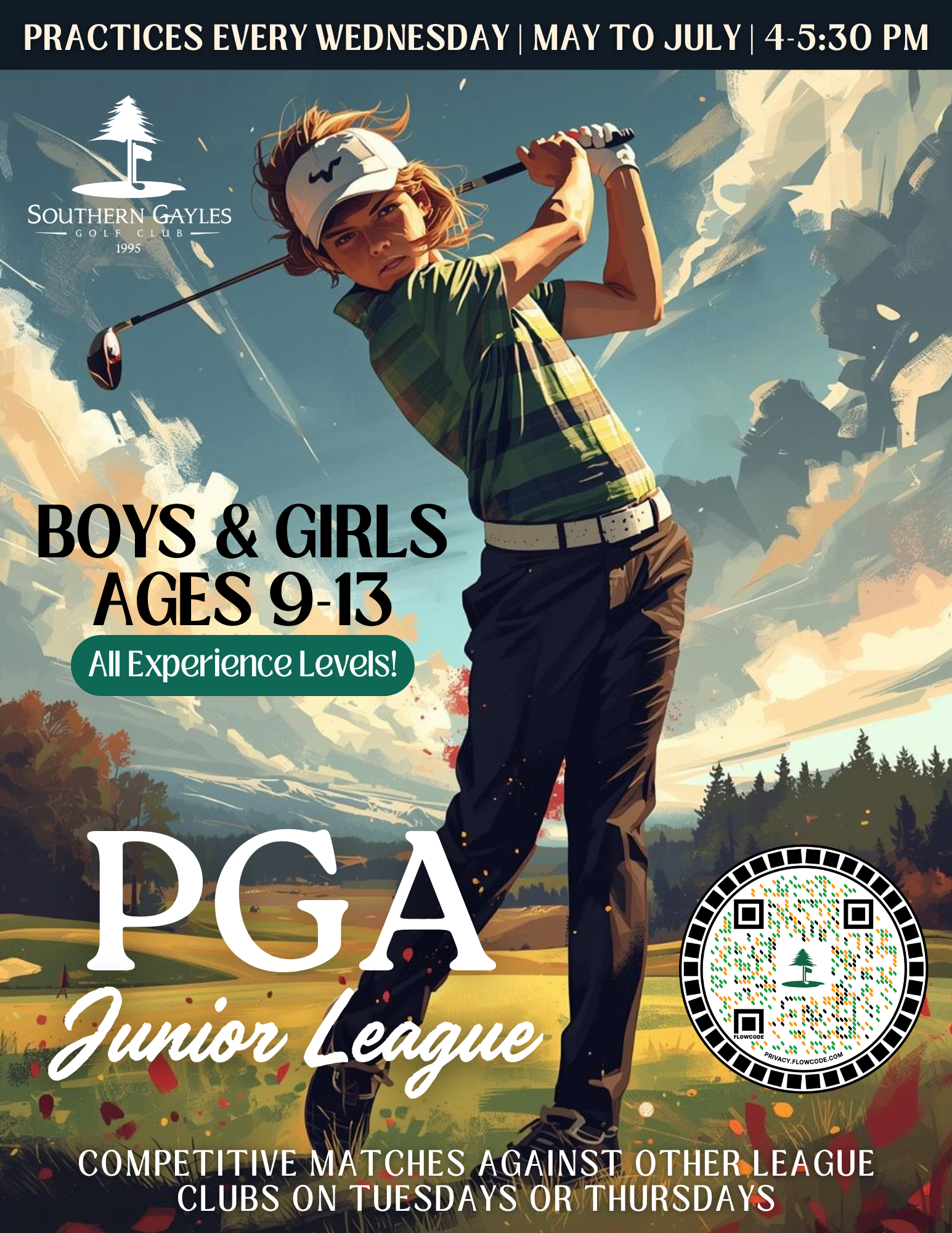 Golf promo poster with a swinging child, green mountains, and text 