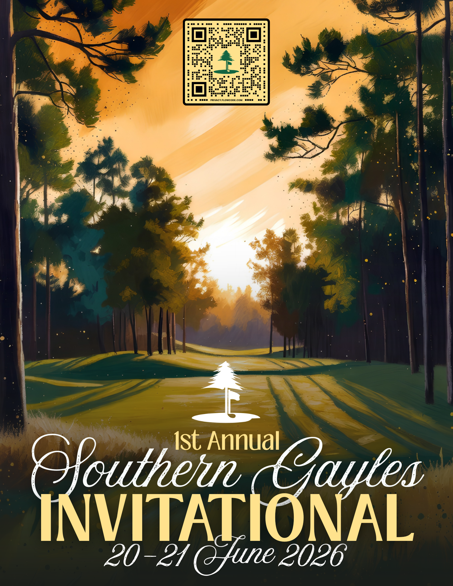 Golf course invitational poster with sunset fairway, pine trees, and QR code