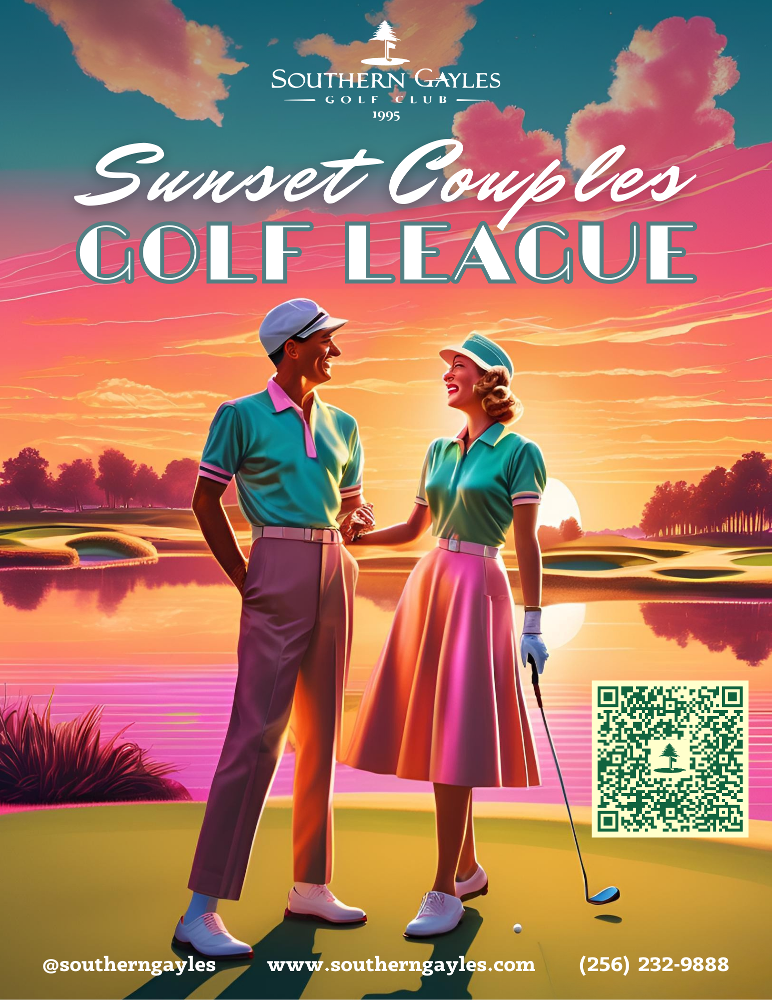 Couple on golf course at sunset, promoting Southern Gayles Golf Club