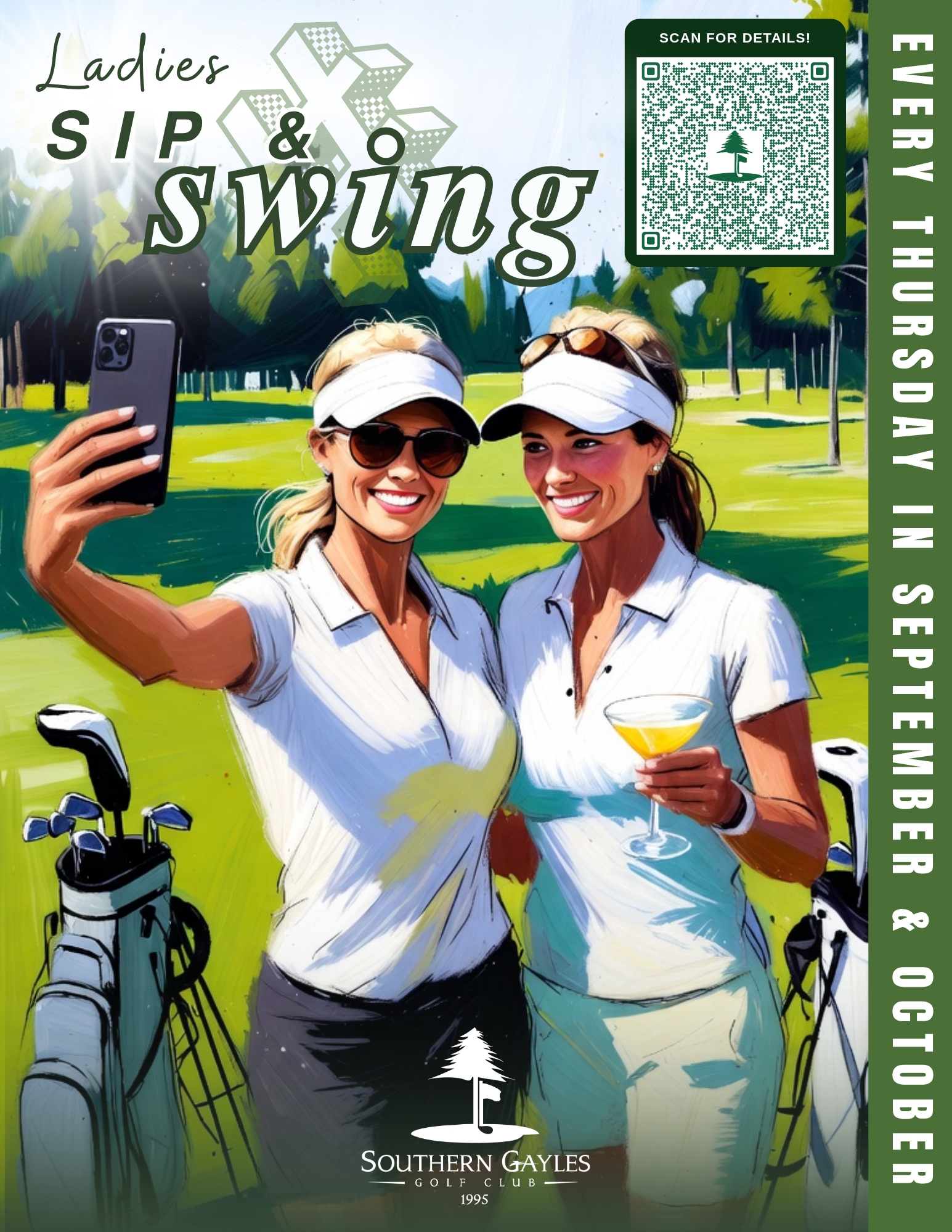 Two golfers posing for a selfie at a golf course, with a Ladies SIP & Swing event poster