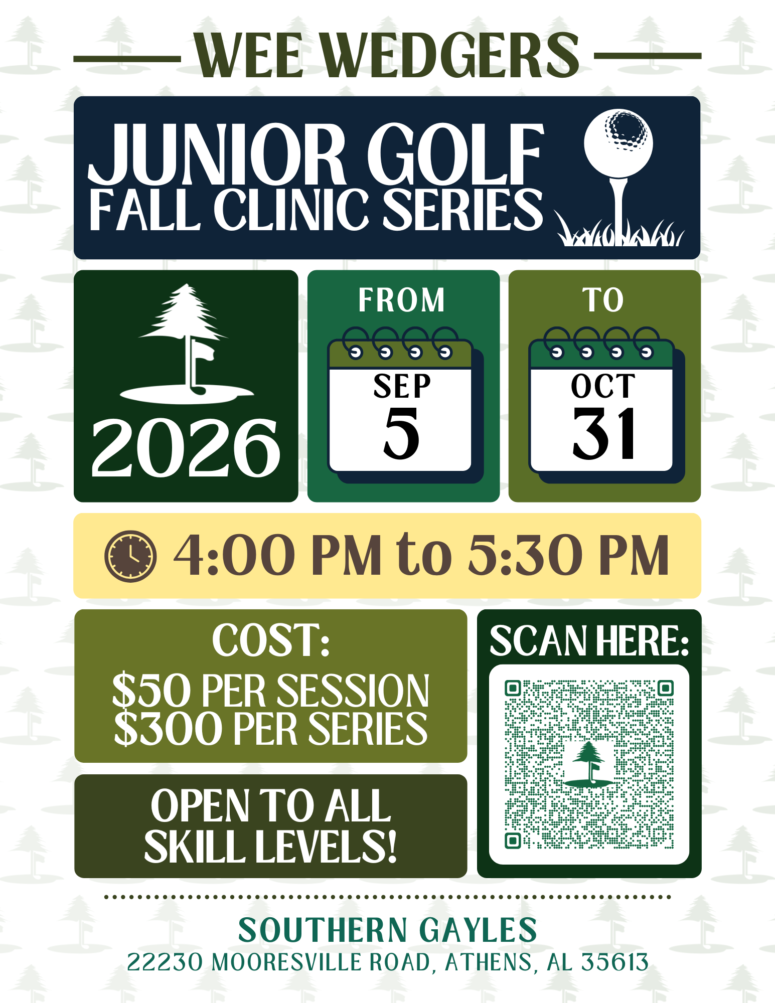 Junior golf fall clinic series flyer at Southern Gayles.