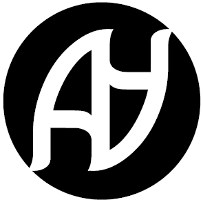 Monogramma stilizzato bianco “AH” su sfondo circolare nero