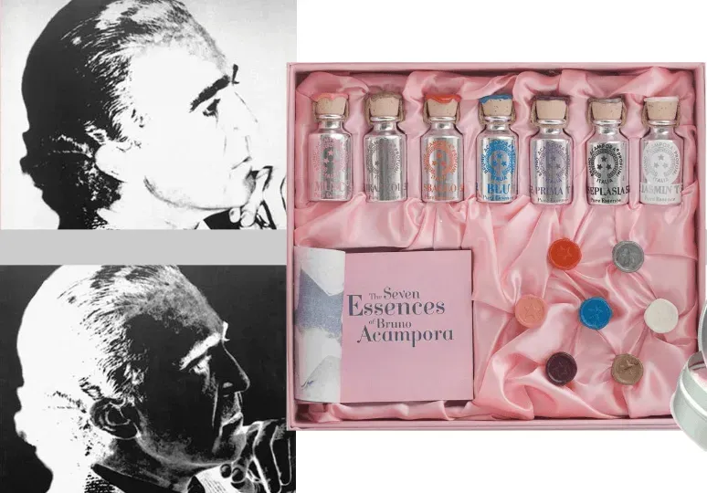 Ritratti in bianco e nero accanto a una scatola rosa contenente sette piccole fialette di profumo.