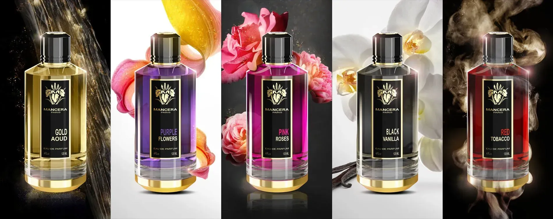 Cinque flaconi di profumo di lusso nei colori nero, viola, rosa, argento e rosso, su sfondi assortiti con motivi floreali.