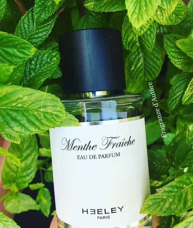 Flacone di Hebeley Menthe Fraîche Eau de Parfum circondato da rigogliose foglie di menta verde.