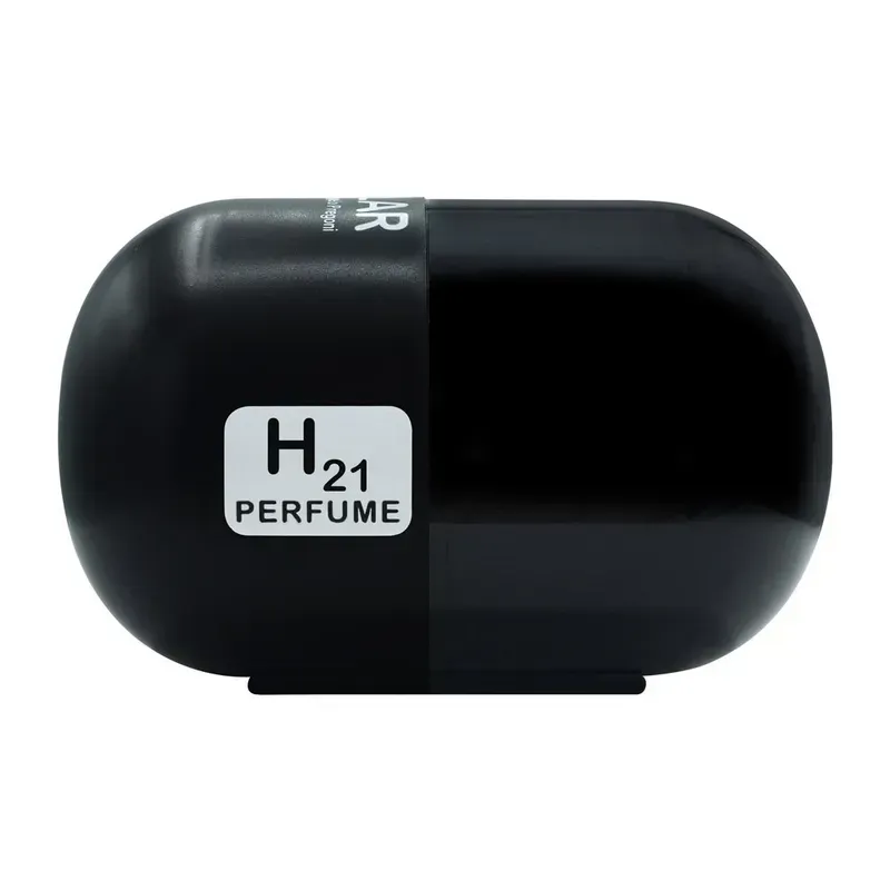 Flacone di profumo H21 nero con etichetta bianca su sfondo neutro.