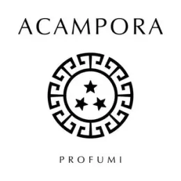 Logo di ACAMPORA PROFUMI con un emblema a chiave greca e stella neri su sfondo bianco.
