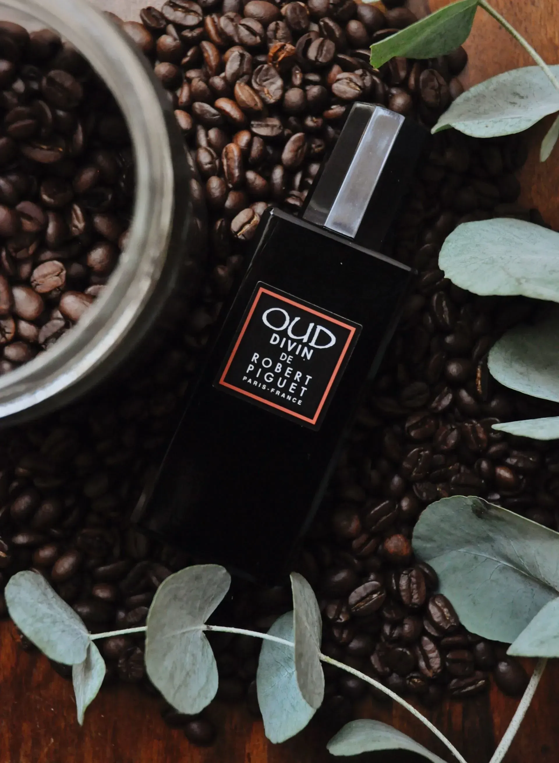 Flacone nero di olio per capelli OUID su chicchi di caffè con foglie verdi di eucalipto.
