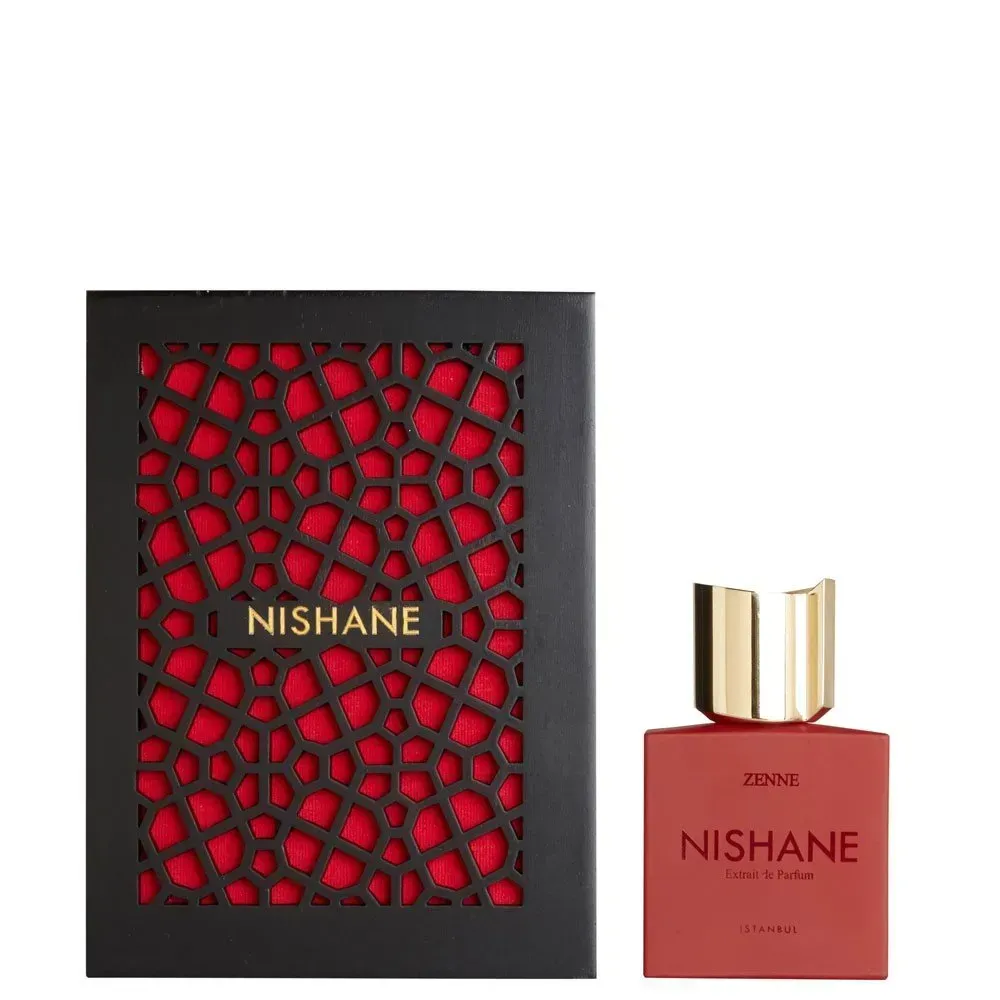 Scatola e flacone per profumo Nishane, confezione nera e rossa con tappo dorato.