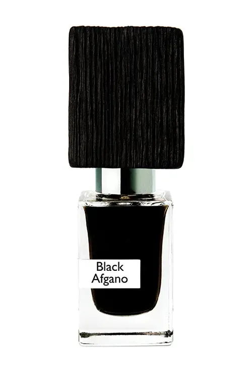 Flacone di profumo nero con etichetta 