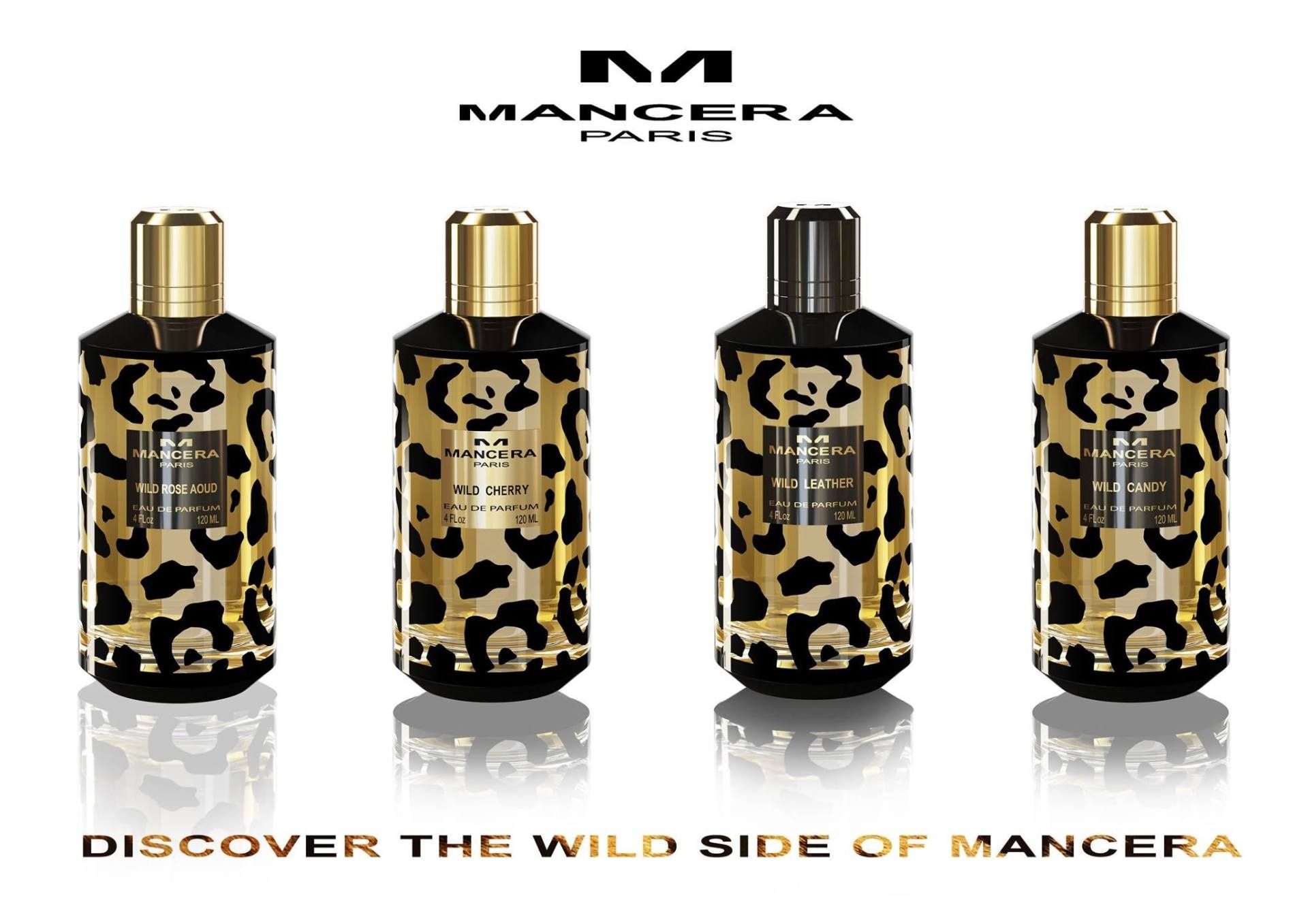 Quattro flaconi di profumo Mancera con etichette leopardate, sotto il logo e lo slogan di Mancera su sfondo bianco.