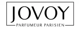 Logo di JOVOY Parfumeur Parisien in testo nero all'interno di un sottile bordo rettangolare su sfondo bianco.
