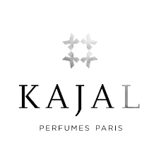 Logo di KAJAL Perfumes Paris con un emblema a stella argentata su sfondo bianco.