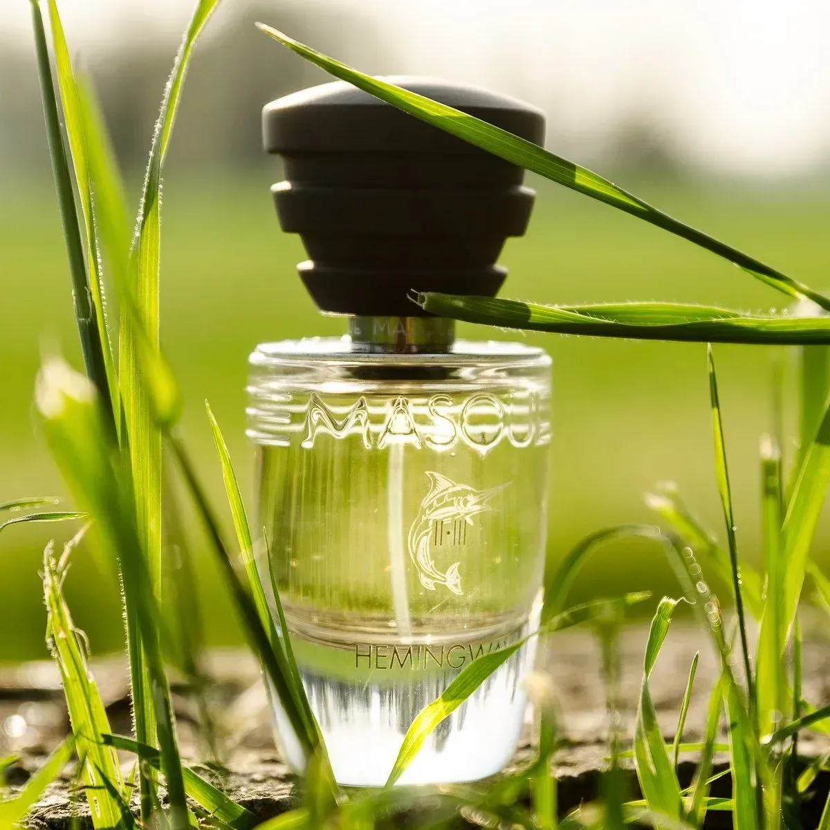 Flacone di profumo trasparente in un prato verde con tappo nero, illuminato da una calda luce solare.