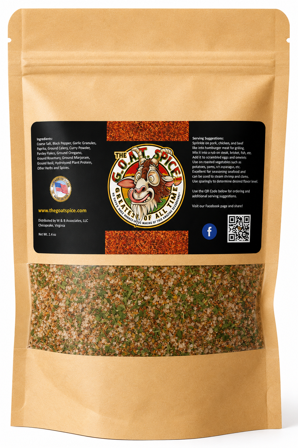 Brown resealable pouch of mixed dried herbs and spices with a black label and clear window.