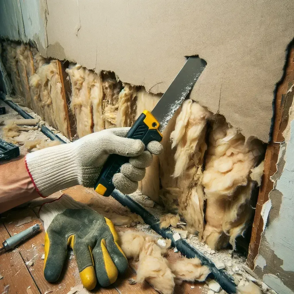 A man gutting a wall, removing insulation
