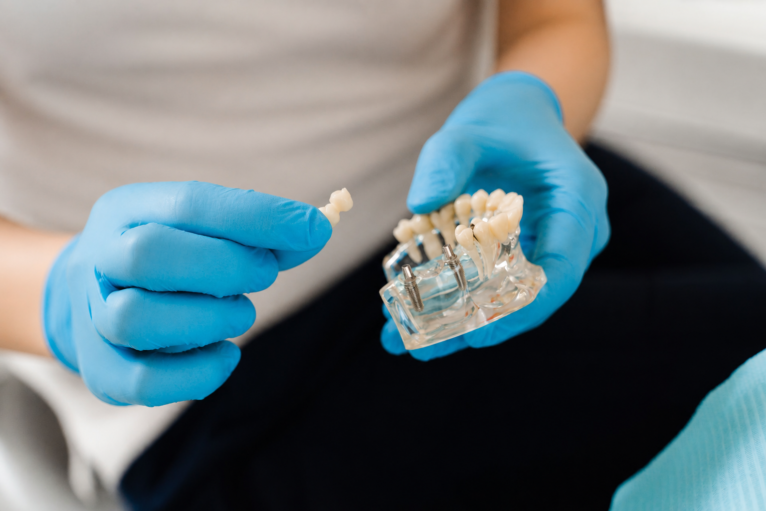 Gloved hands holding a dental implant and a tooth model on a lap