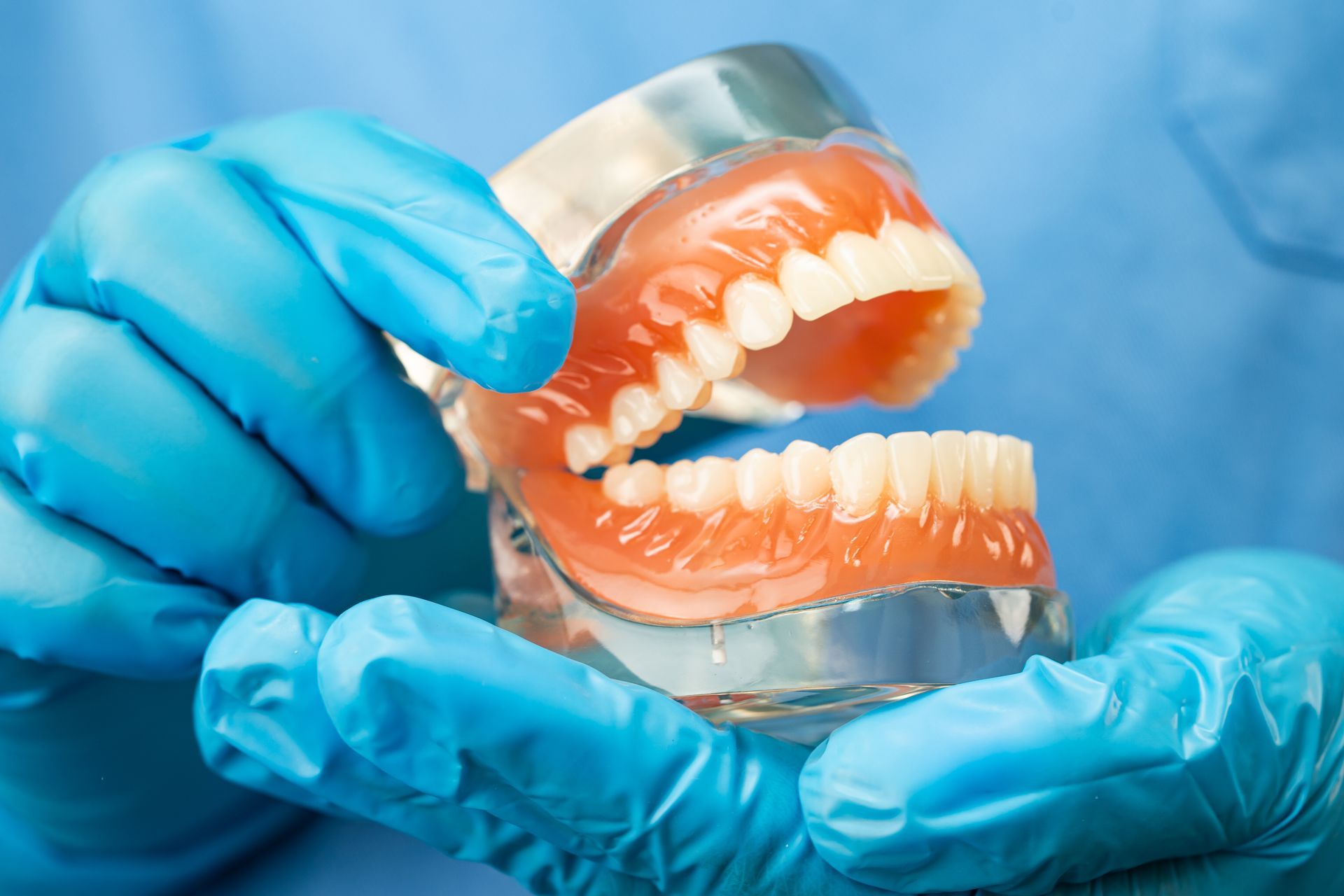 Gloved hands holding an open dental prosthetic with pink gums and white teeth on a blue background