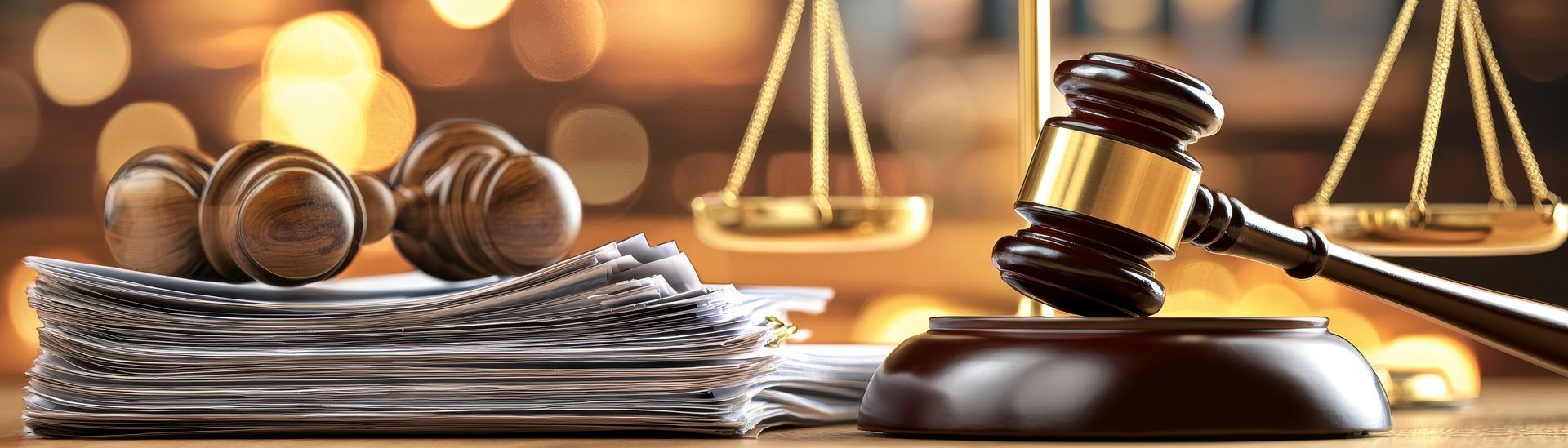 Gavel, stack of papers, and scales of justice on a desk with warm legal-themed bokeh lights