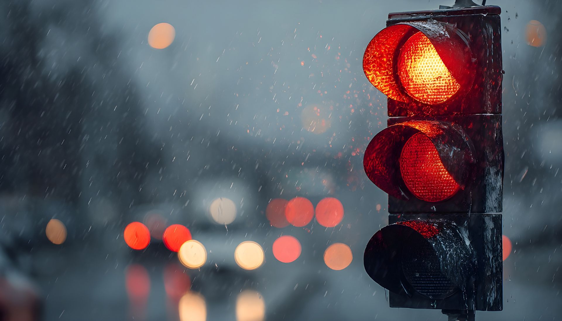 Red traffic light glowing in a rainy, blurred city street at dusk.