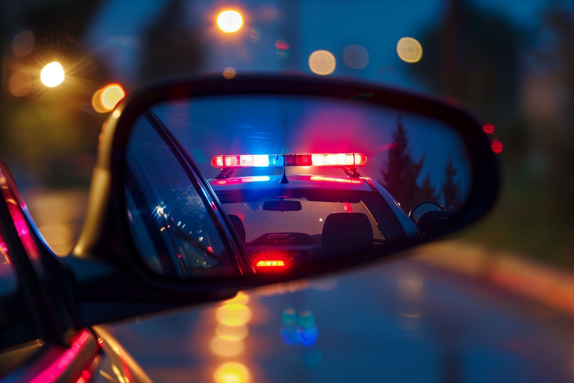 Police lights flashing in a car’s side mirror at night on a wet road
