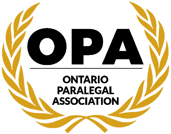 OPA Ontario Paralegal Association logo with black letters and gold laurel wreath