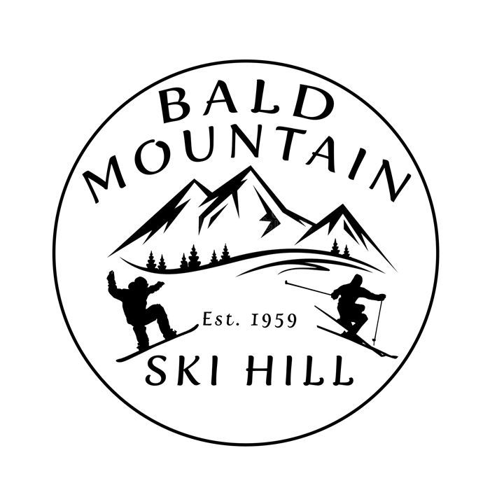 Bald Mountain Ski Hill logo with mountains, skiers, trees, and “Est. 1959” in black and white