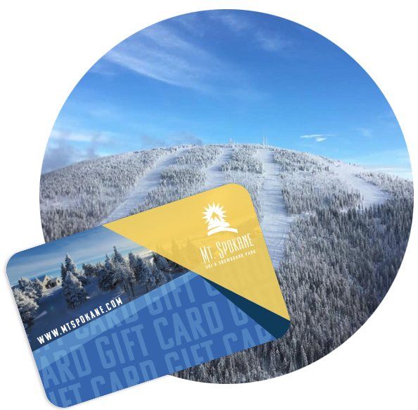 Snowy mountain ski resort gift card with blue and yellow design over a winter landscape