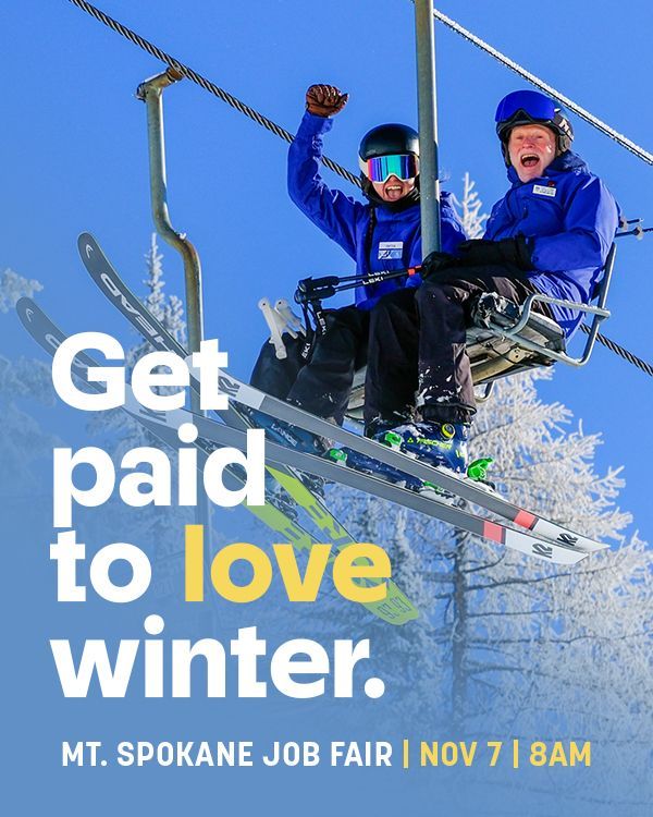 Two skiers on a chairlift over snowy trees with text: “Get paid to love winter.”
