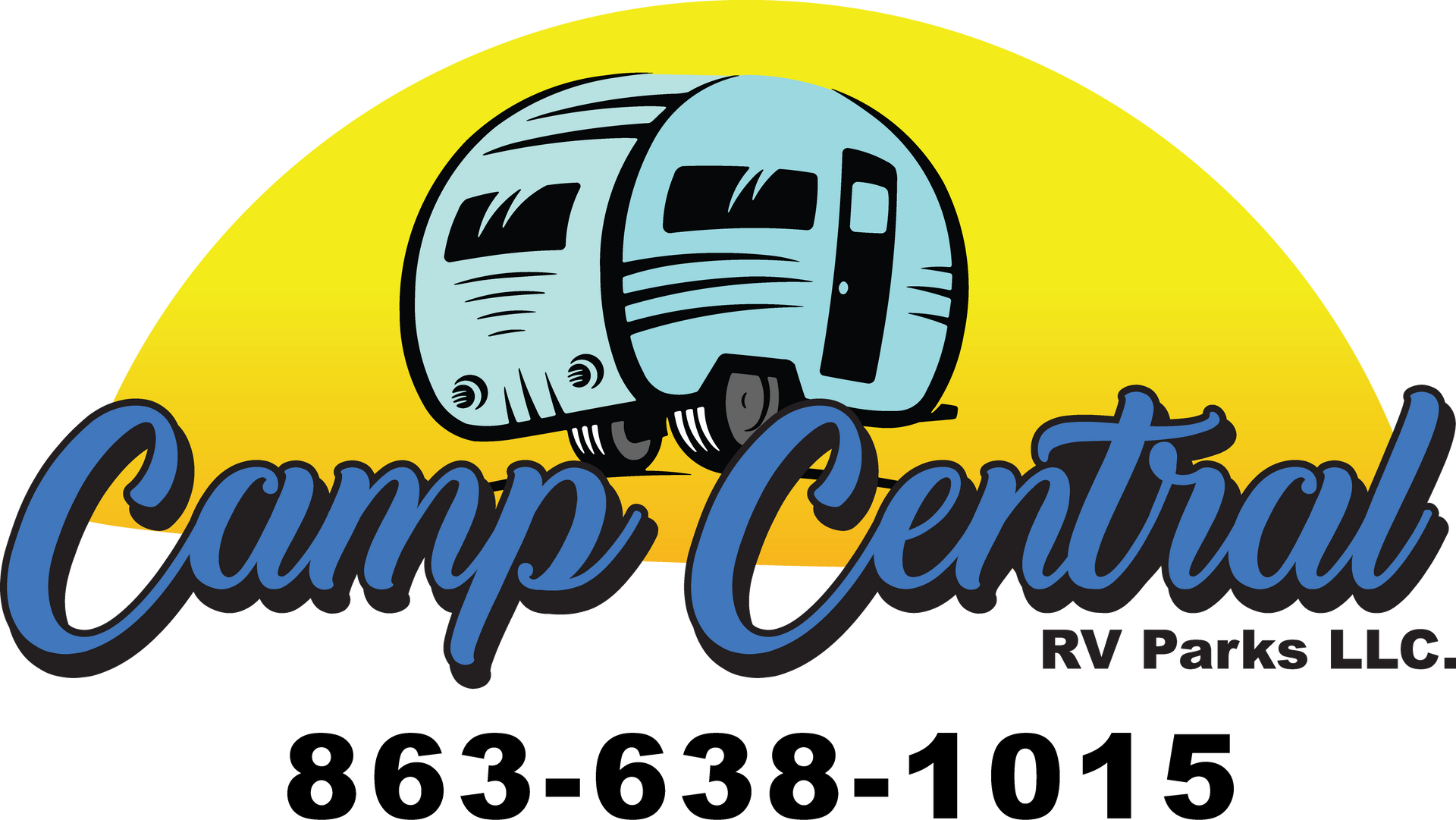 Logo for Camp Central RV Parks LLC: two blue RVs in front of a yellow sun, with the company name and phone number.