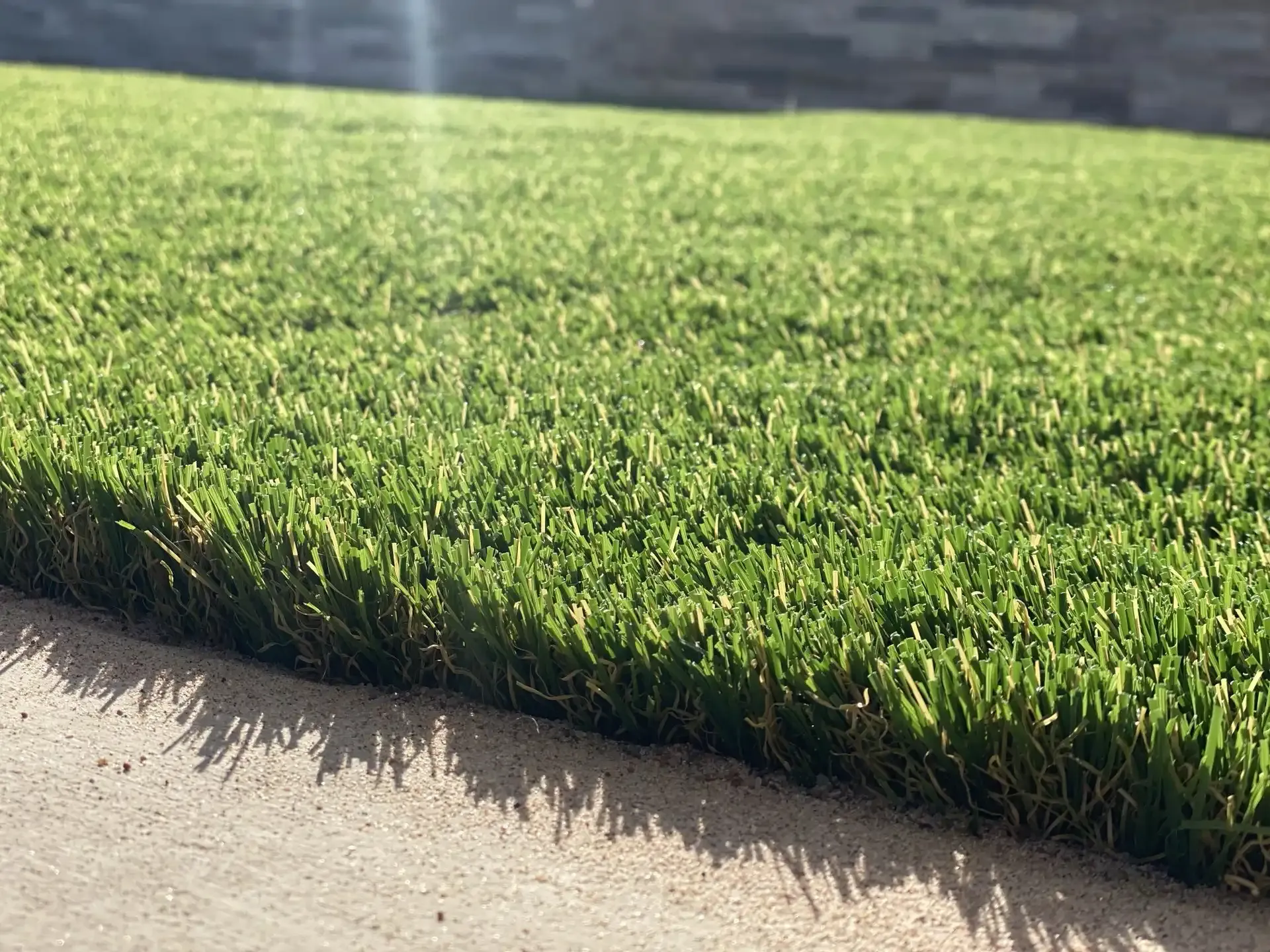 Green artificial turf next to a concrete sidewalk, illuminated by sunlight.