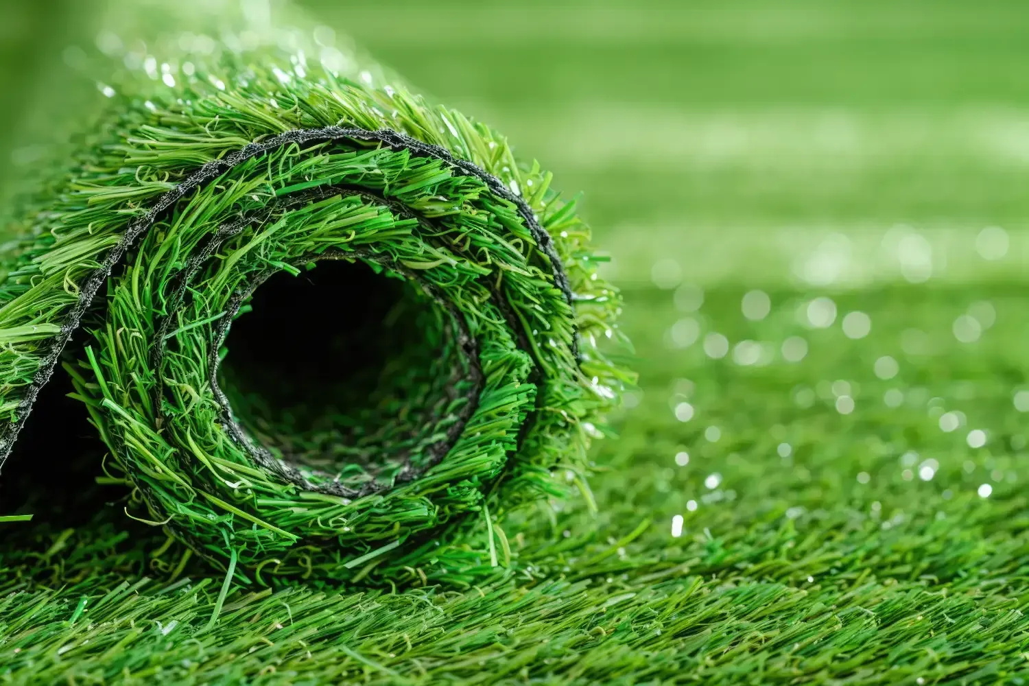 Rolled-up artificial turf, showing the green blades and black backing, on a patch of the same turf.