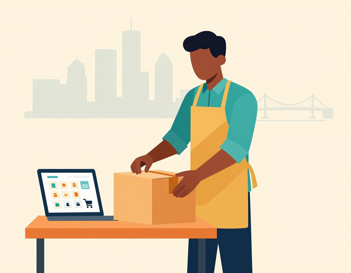 Shop owner packing a box beside a laptop showing an online store