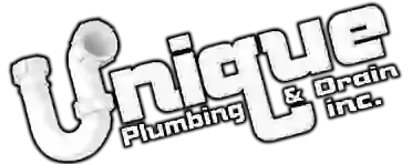 A black and white logo for unique plumbing and drain inc.