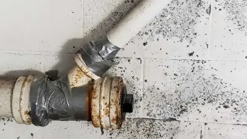 White pipes connected with a rusted metal fitting, wrapped with gray duct tape, against a white cinder block wall.