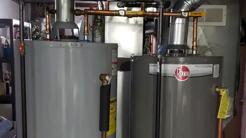 Two water heaters installed side by side in a utility room by trusted Plumbers in Fairlawn professionals.