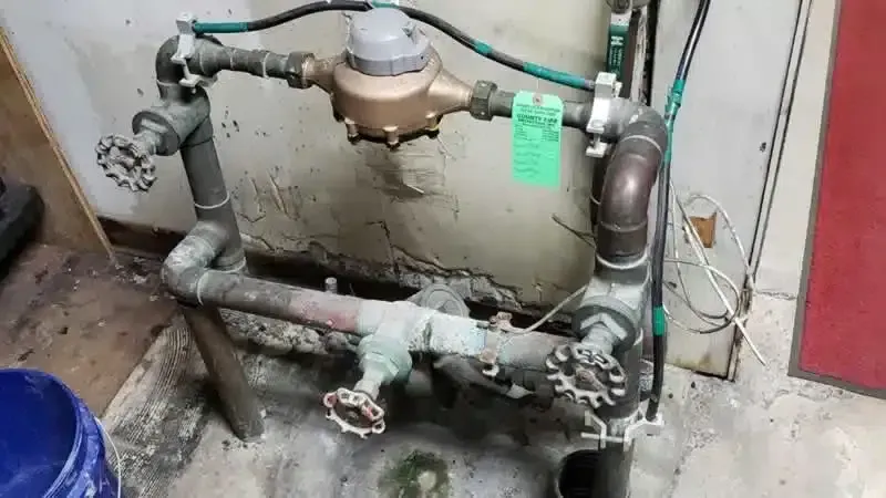 Water meter with pipes and valves against a concrete wall.