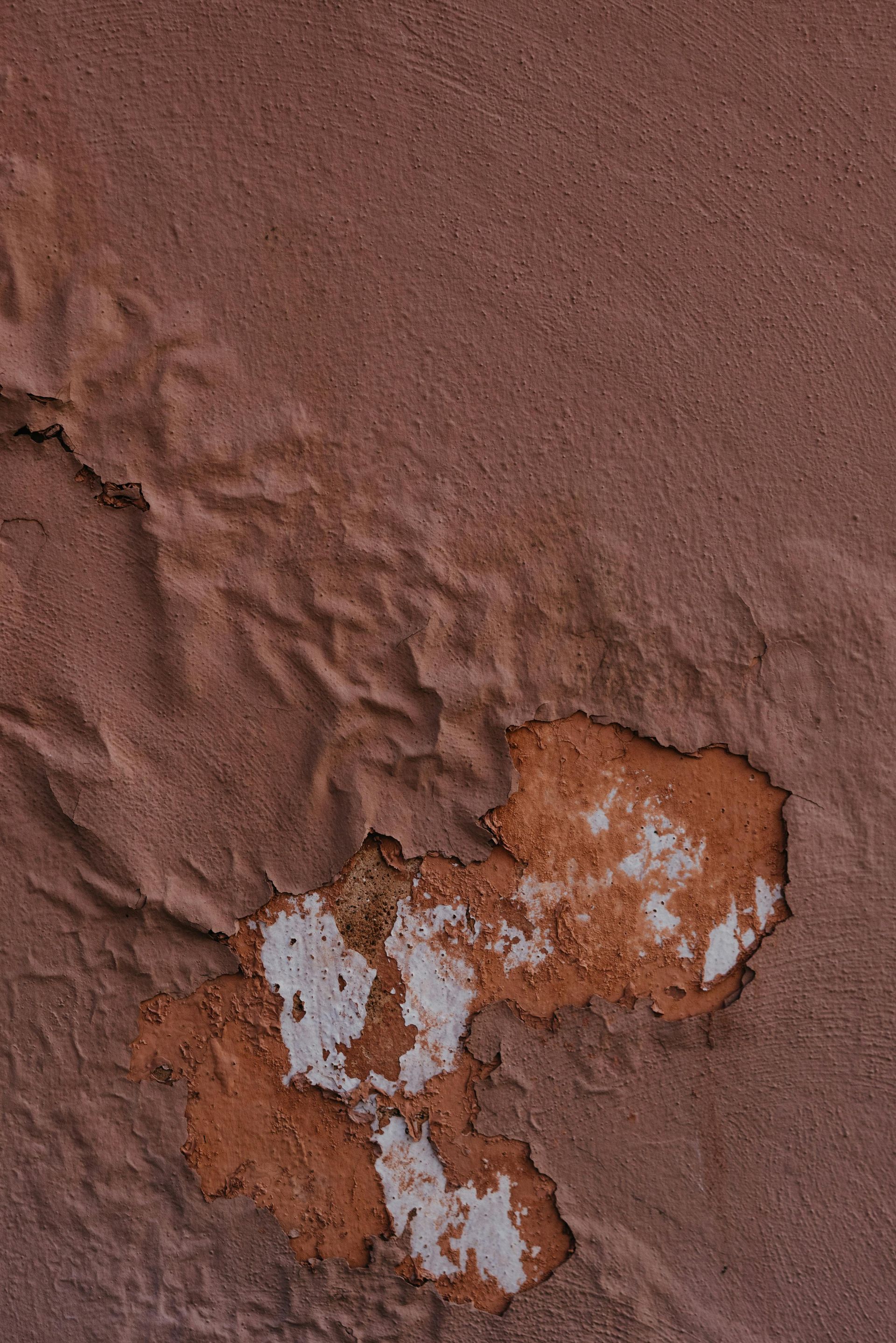 A close up of a brown surface paint with a few white spots on it.
