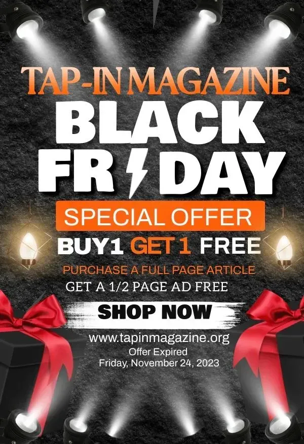 Black Friday magazine ad with a special offer, buy 1 get 1 free, on a dark background with spotlights and red bows