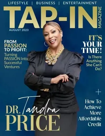 Tap-In magazine cover featuring Dr. Tandra Price on a blue background, August 2023 issue.