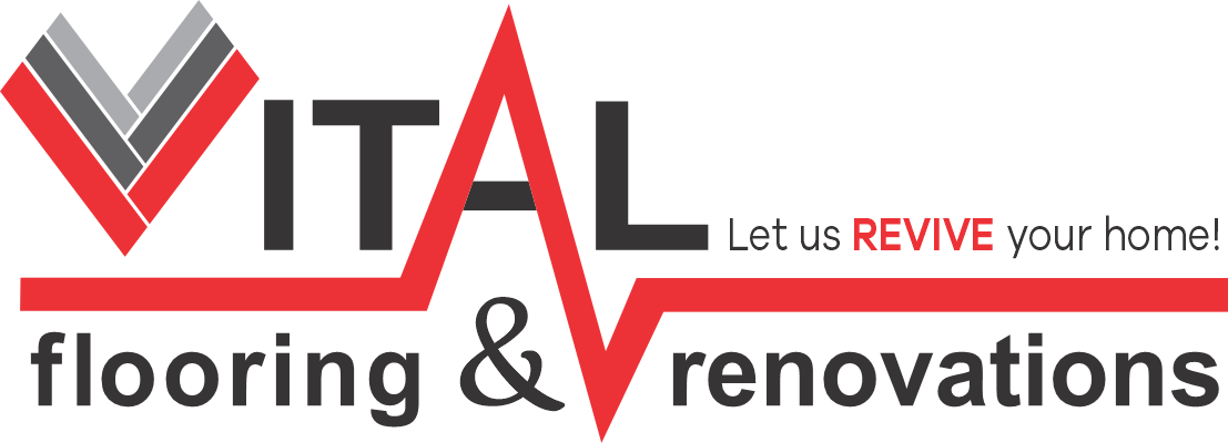 Logo for Vital Flooring & Renovations. Black text, red graphic, says