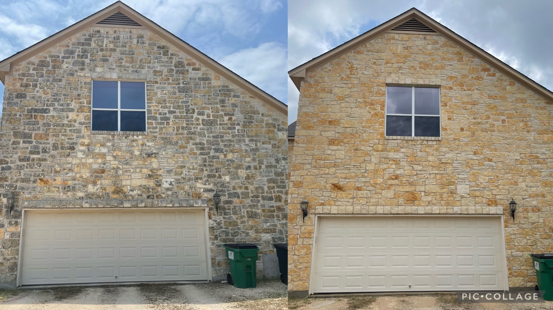 Before and after comparison of a two-story stone house exterior, revealing a significant cleaning effect, showcasing a brighter finish.