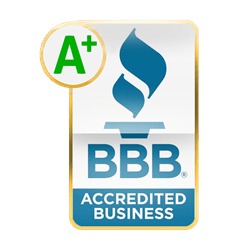 BBB Accredited Business logo, featuring A+ rating, blue flame symbol, and