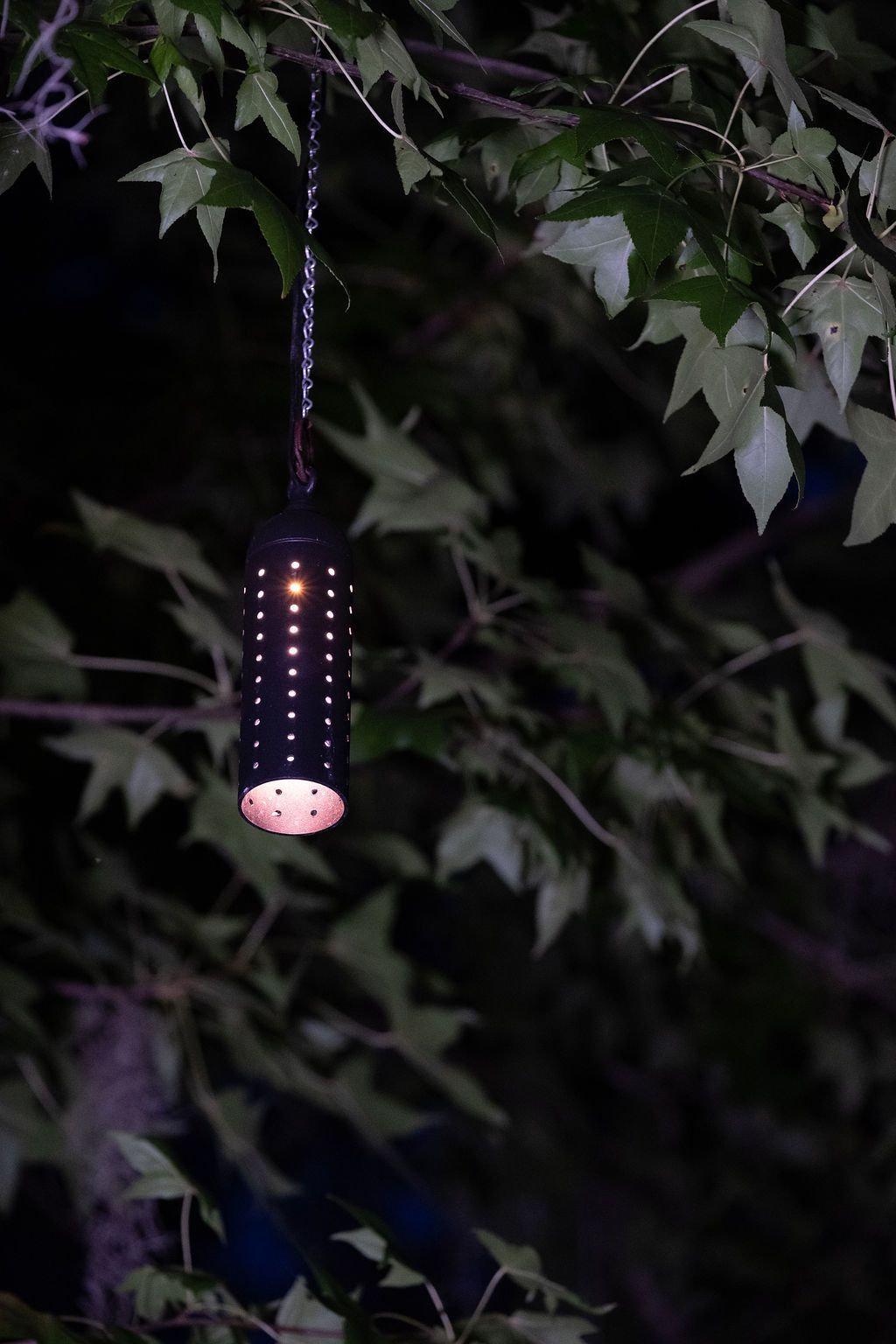 A cylindrical, dark-colored lantern with small, illuminated holes hanging from a tree at night.
