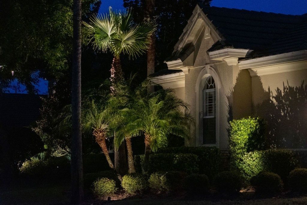 A house exterior at night illuminated by outdoor lighting, highlighting palm trees, manicured shrubs, and a tall window.