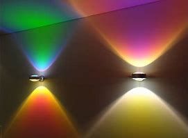 Two wall-mounted lamps cast vibrant, V-shaped beams of colorful light onto a wall.